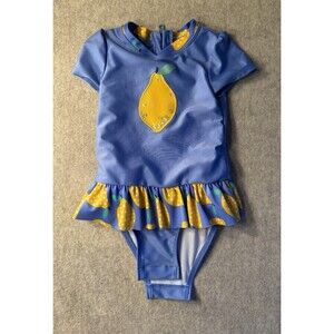Cat & Jack Girls Size 2T One Piece Swimsuit With Zipper Blue/lemon Snap Bottom